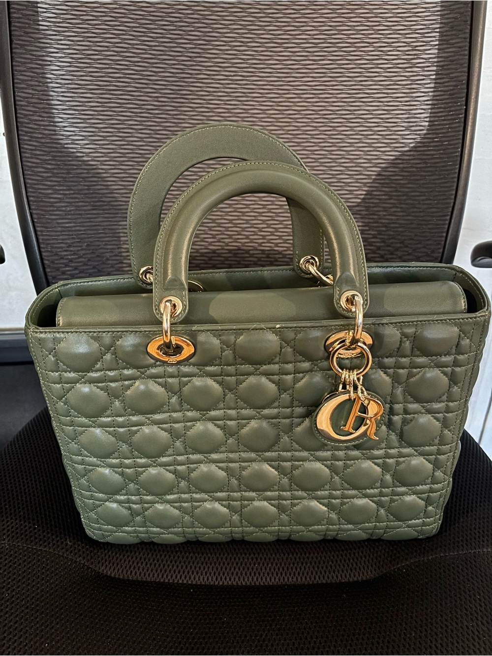 Designer Olive Quilted Top-Handle Bag with Gold Hardware